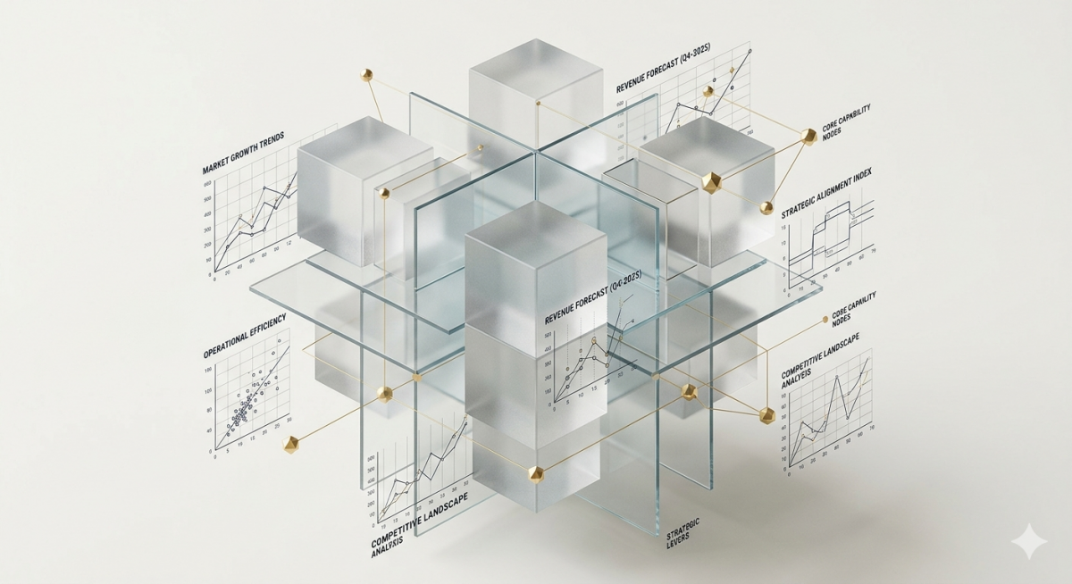 Abstract 3D geometric visualization of market entry and corporate entity stabilization strategy for Mexico and Canada.